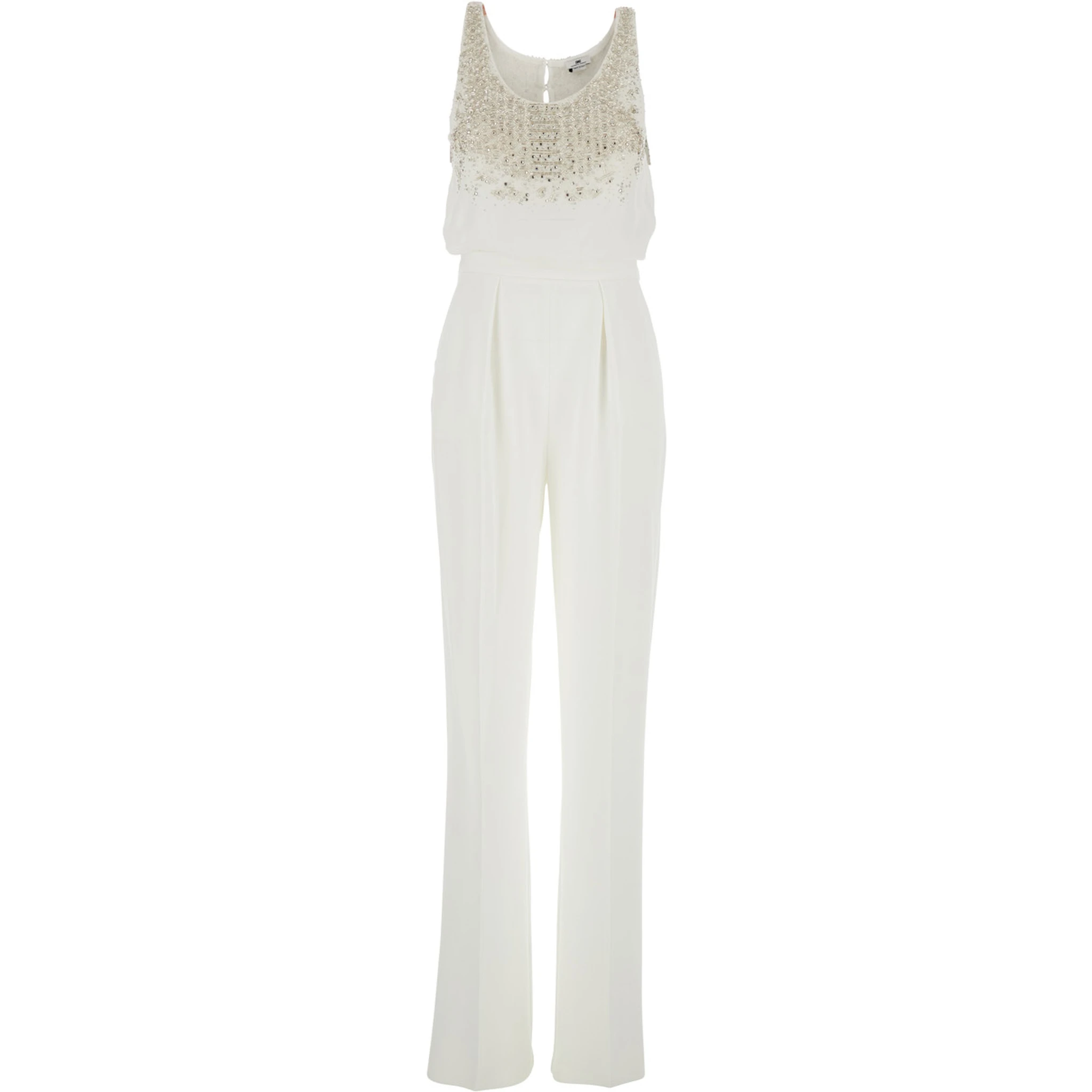 White Jumpsuit with Front Neckline and Rhinestone Application in Fabric Woman