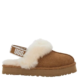 Disquette Beige Mule with Fur and Logo on Back in Suede Girl