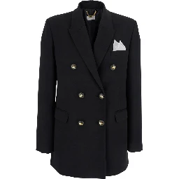 Black Double-Breasted Jacket with Notched Revers in Wool Blend Woman