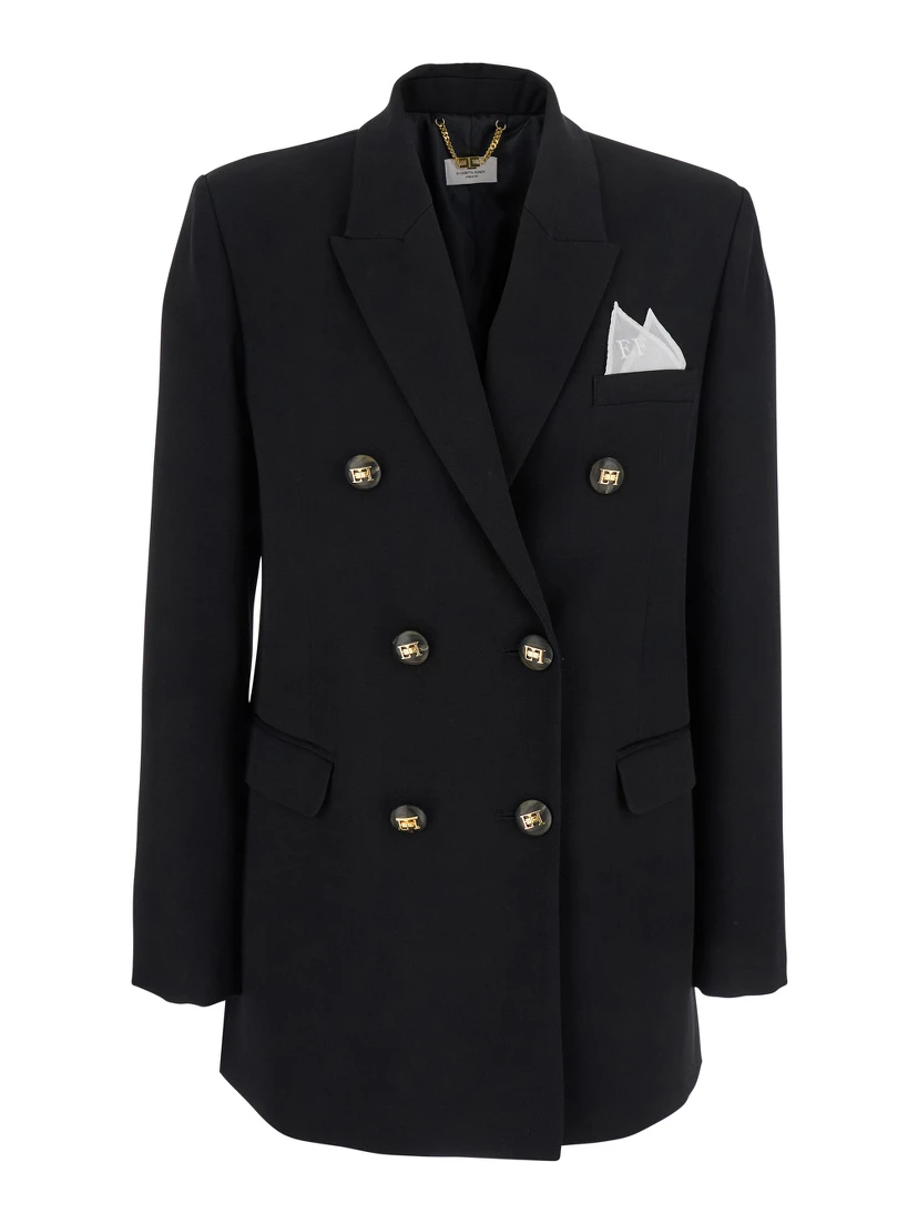 Black Double-Breasted Jacket with Notched Revers in Wool Blend Woman
