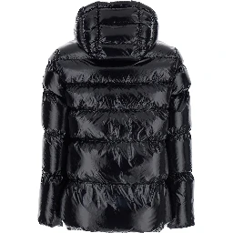 Eleodoro Black Down Jacket with Drawstring Hood and Love Birds Diamond Cut Patch on the Fornt in Tech Fabric Woman