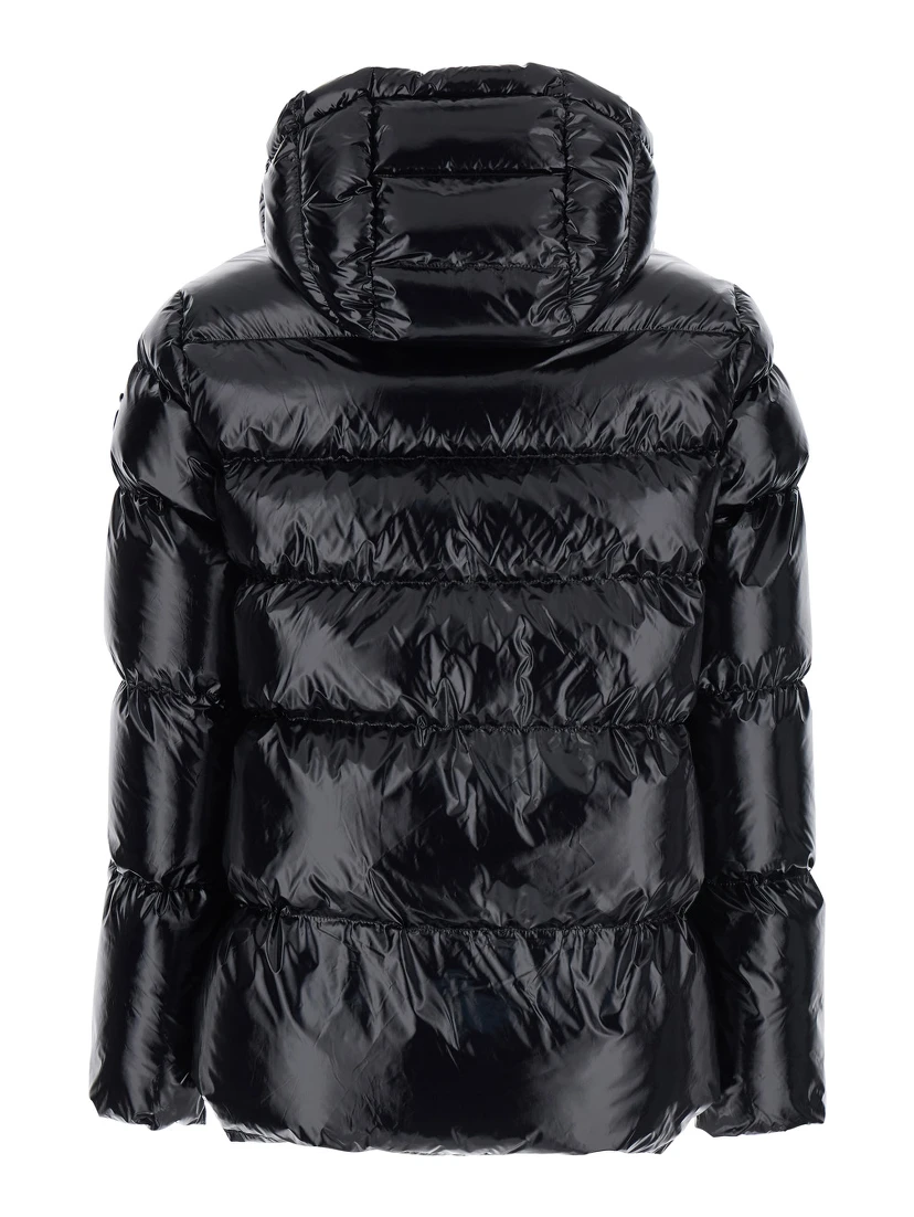 Eleodoro Black Down Jacket with Drawstring Hood and Love Birds Diamond Cut Patch on the Fornt in Tech Fabric Woman