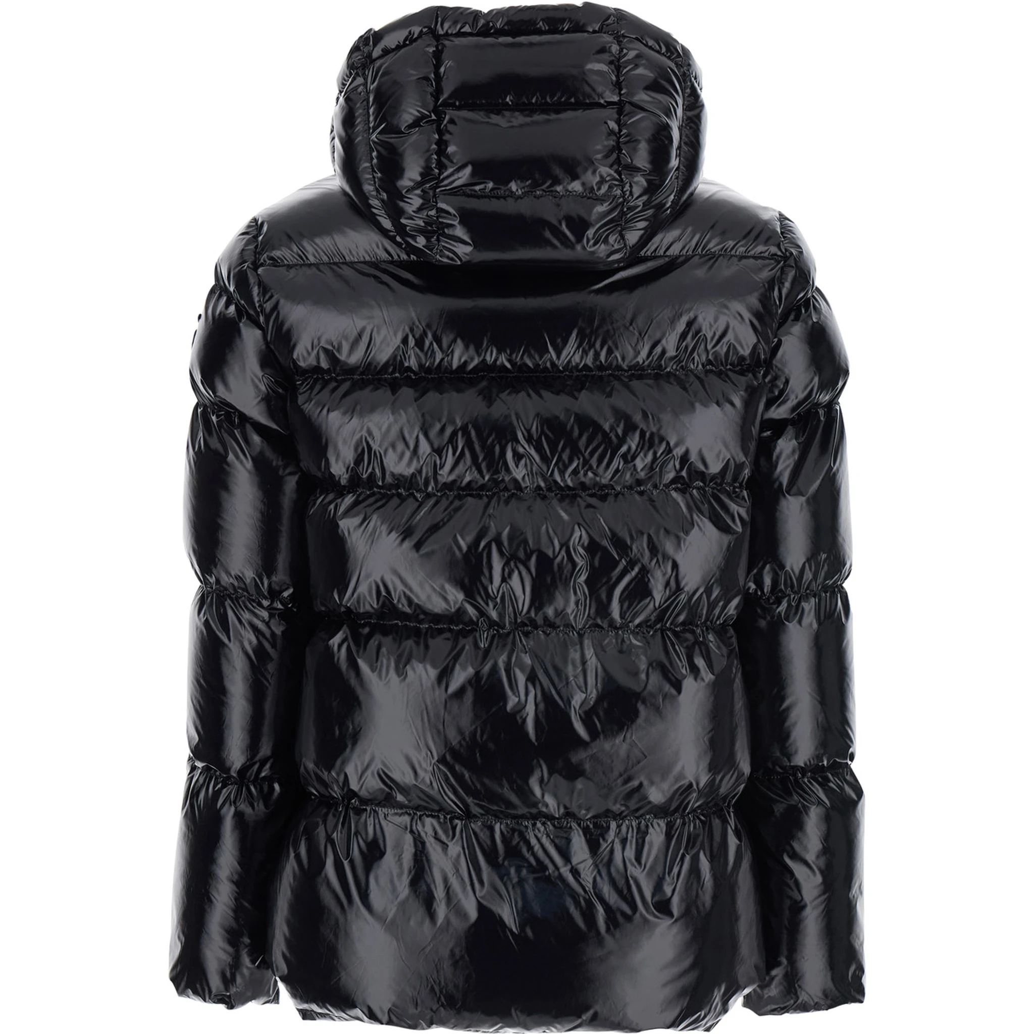 Eleodoro Black Down Jacket with Drawstring Hood and Love Birds Diamond Cut Patch on the Fornt in Tech Fabric Woman