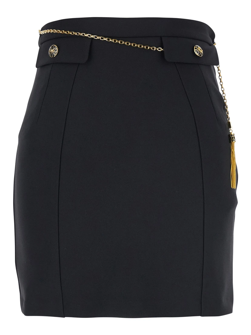 Black Skirt with Metallic Pendant and Patch Pockets in Fabric Woman