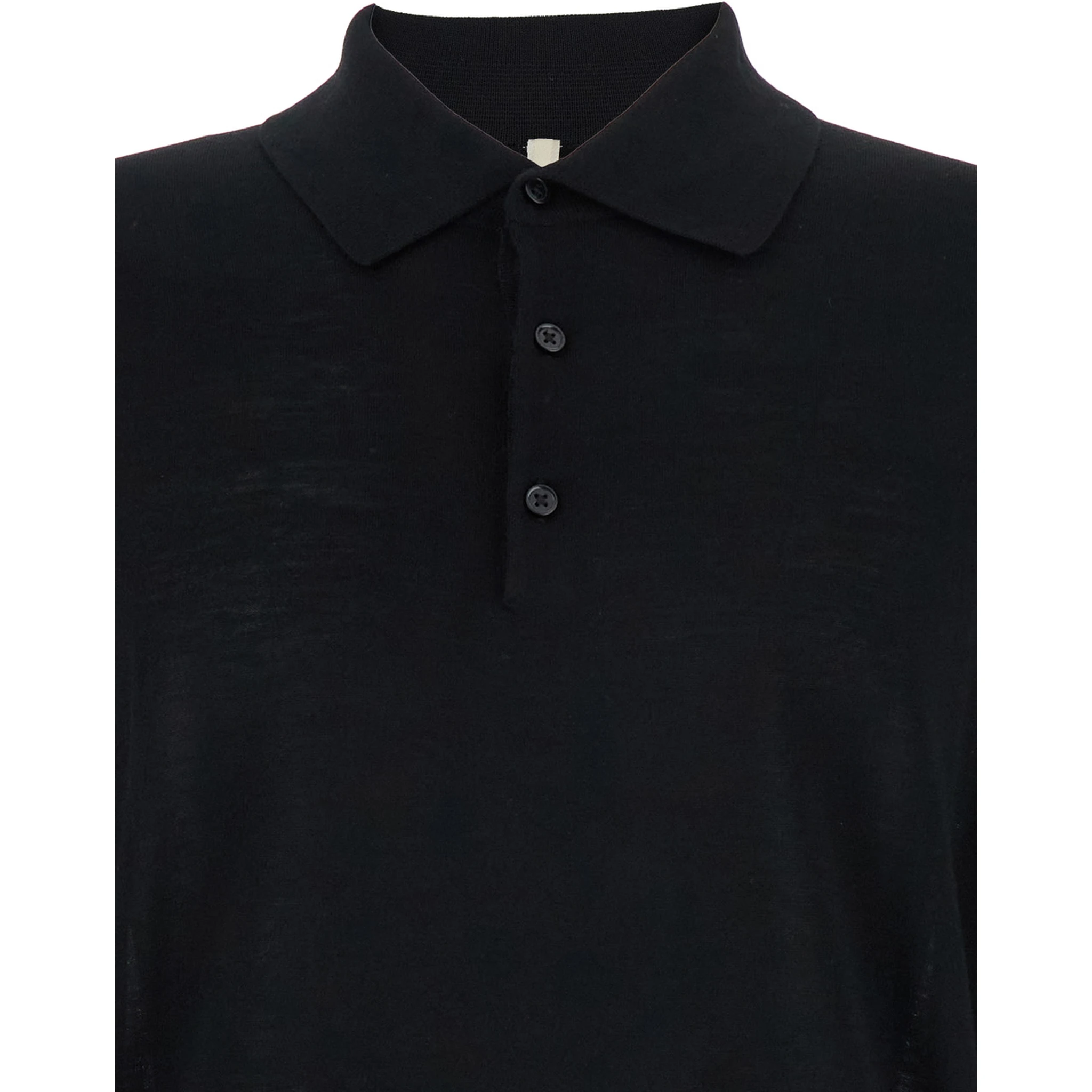 Black Polo Shirt with Classic Collar and Ribbed Trims in Wool Man