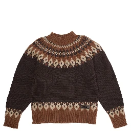 Brown Crew Neck Sweater with Geometric Motif in Wool Blend Boy