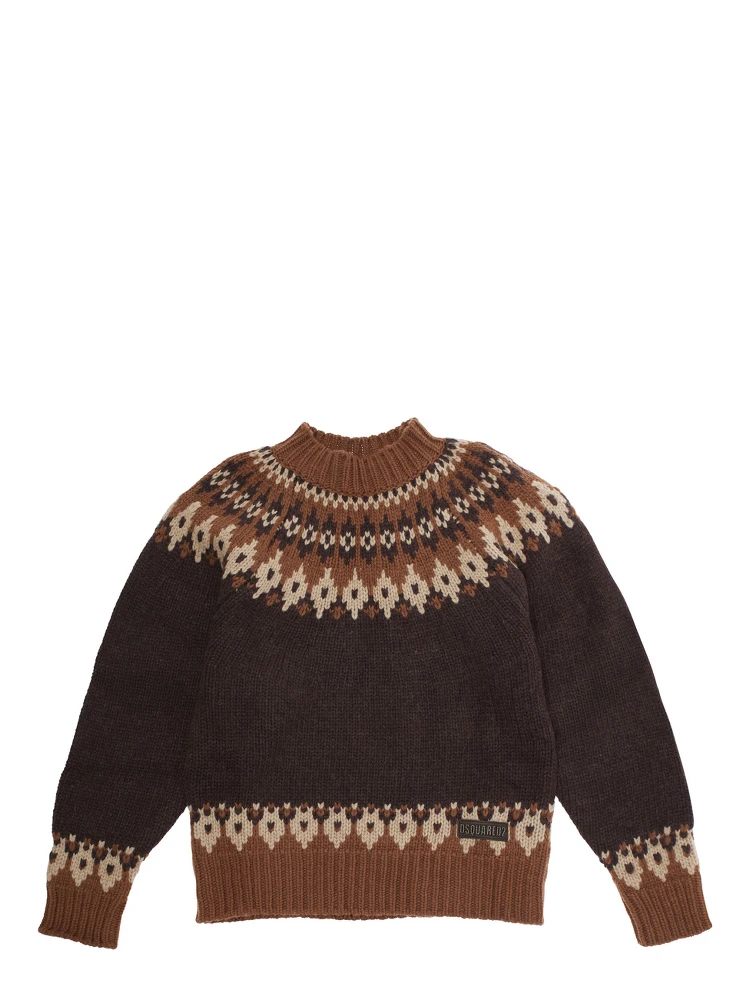 Brown Crew Neck Sweater with Geometric Motif in Wool Blend Boy