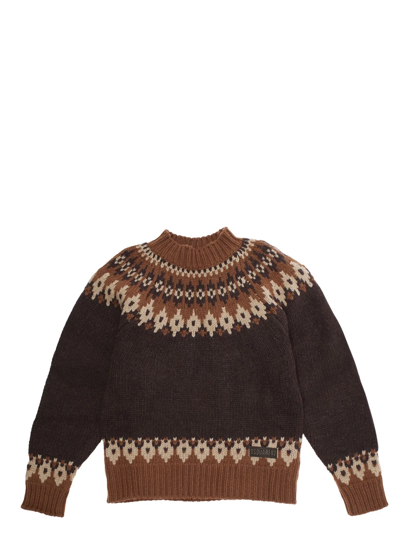 Brown Crew Neck Sweater with Geometric Motif in Wool Blend Boy