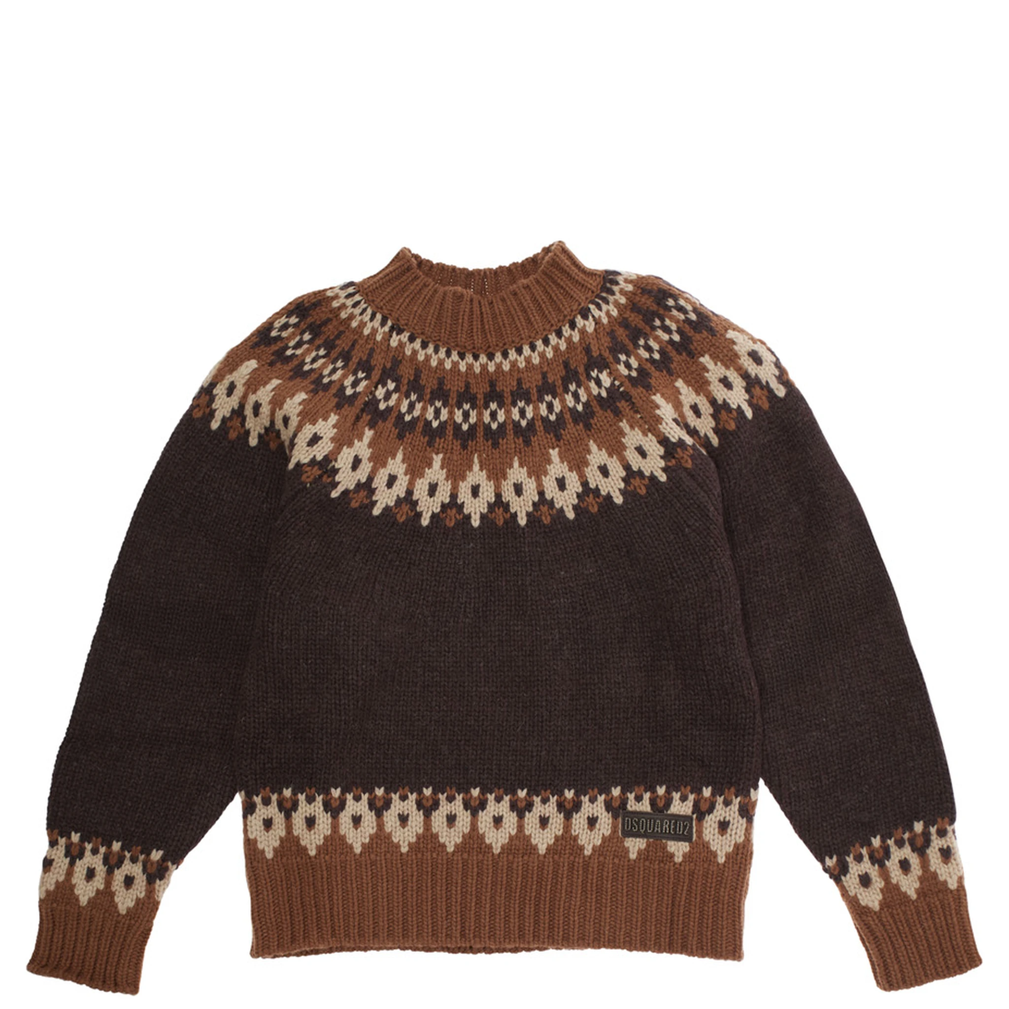 Brown Crew Neck Sweater with Geometric Motif in Wool Blend Boy