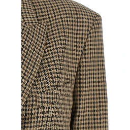 Brown Single-Breasted Jacket with All-Over Check Motif in Wool Woman