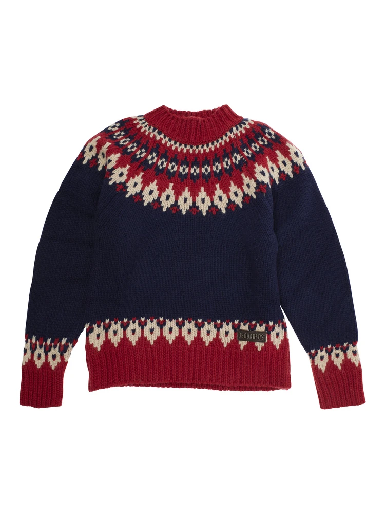 Multicolor Crew Neck Sweater with Geometric Motif in Wool Blend Boy