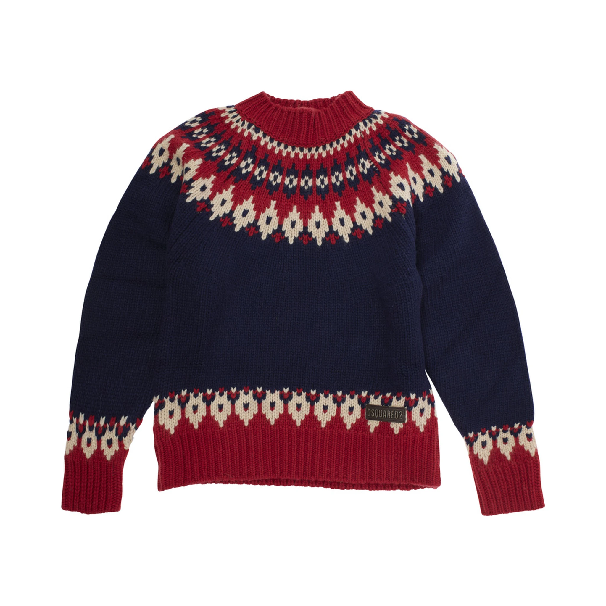 Multicolor Crew Neck Sweater with Geometric Motif in Wool Blend Boy