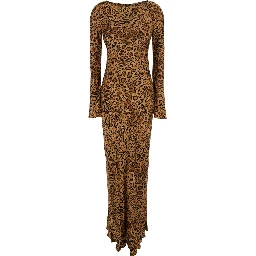 Brown Dress with Round Neck and All-Over Leopard Print in Viscose Woman