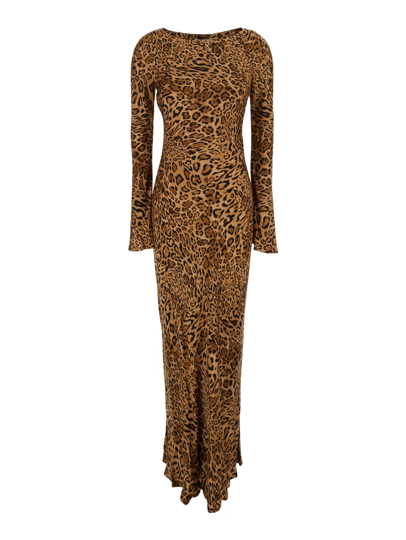 Brown Dress with Round Neck and All-Over Leopard Print in Viscose Woman