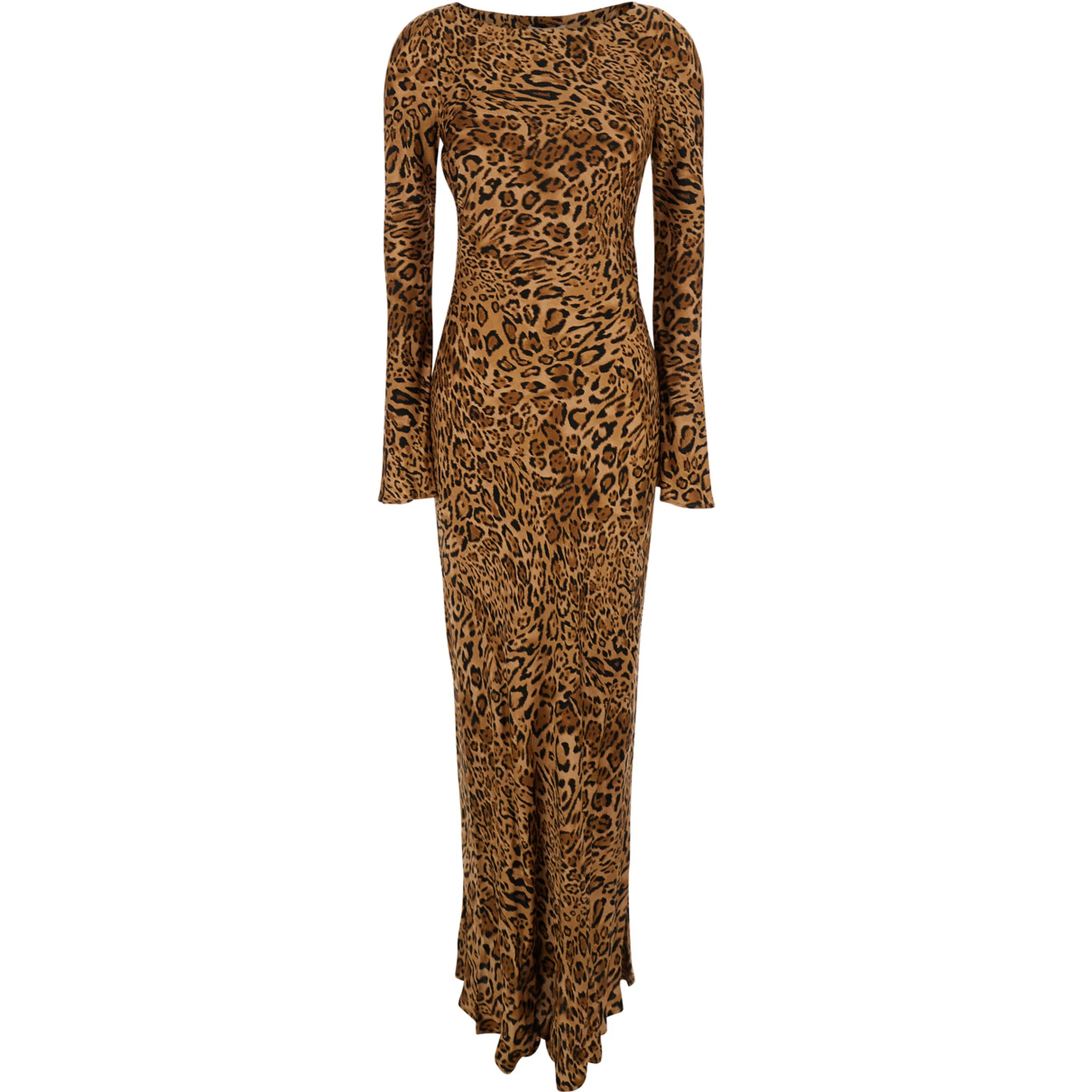 Brown Dress with Round Neck and All-Over Leopard Print in Viscose Woman