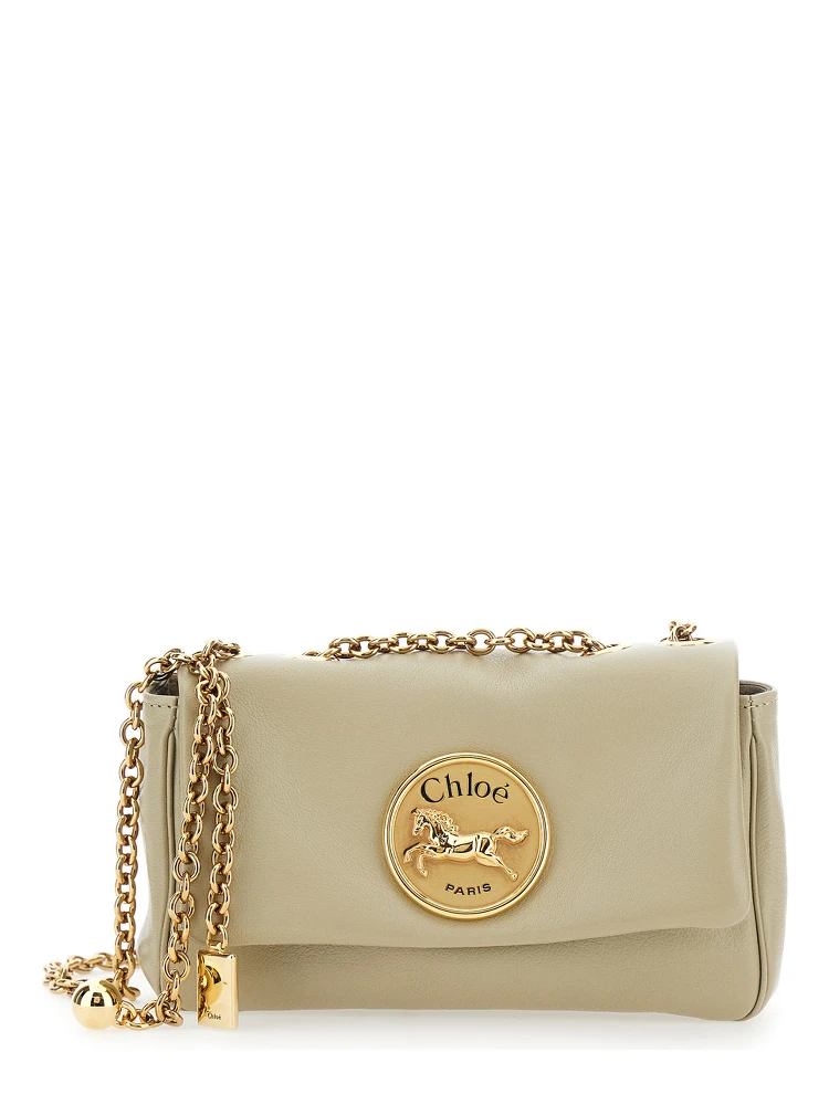 Heritage Beige Shoulder Bag with Chain-Link Shoulder Strap and Logo Plaque on the Front in Leather Woman