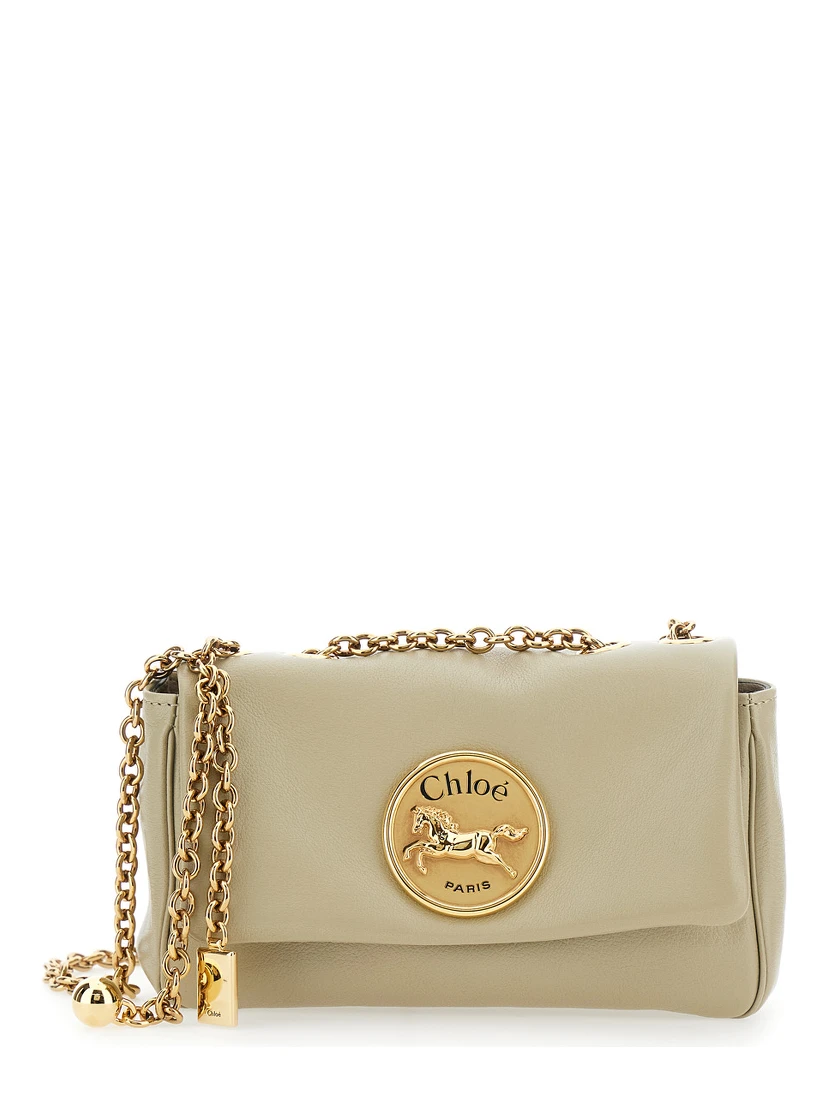 Heritage Beige Shoulder Bag with Chain-Link Shoulder Strap and Logo Plaque on the Front in Leather Woman