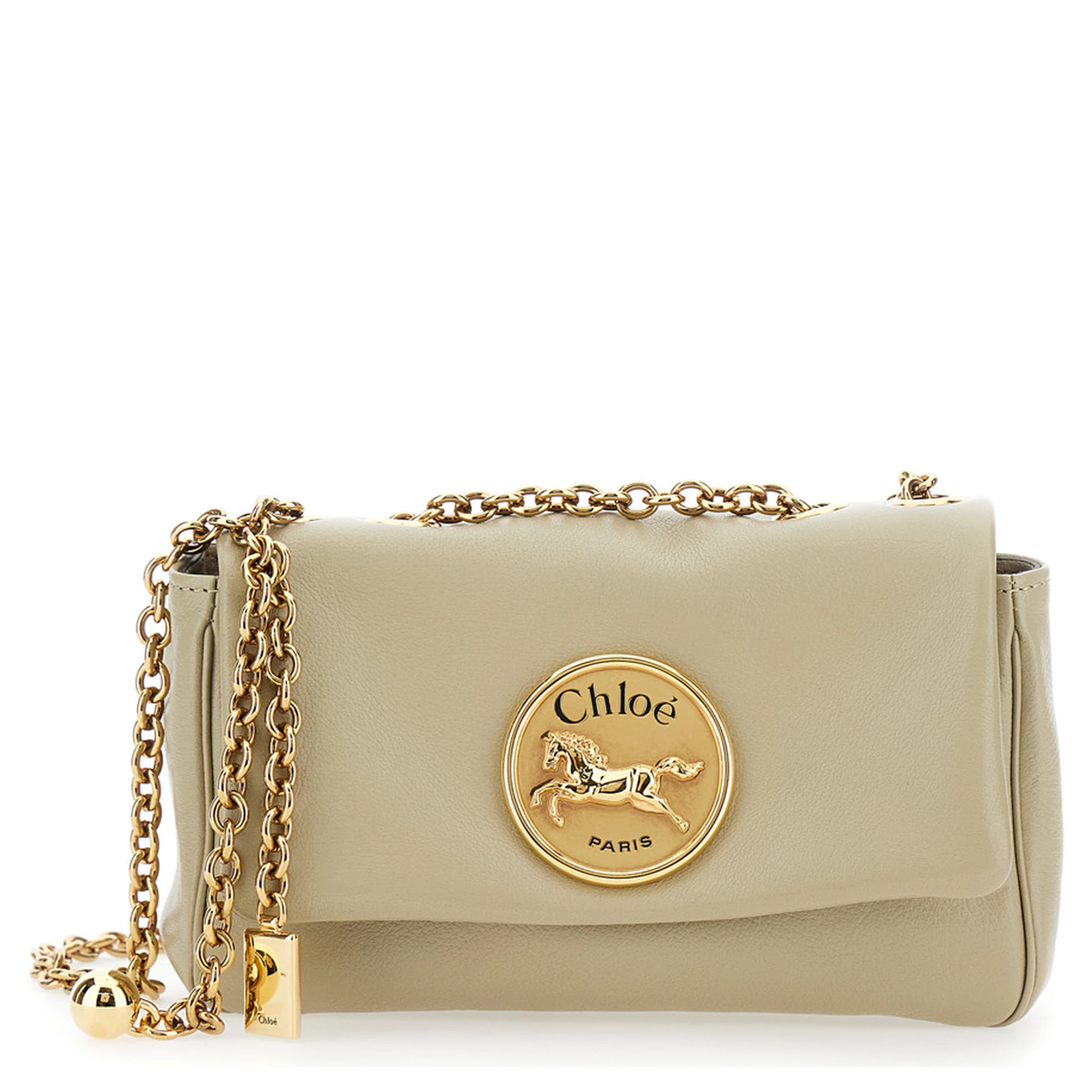 Heritage Beige Shoulder Bag with Chain-Link Shoulder Strap and Logo Plaque on the Front in Leather Woman