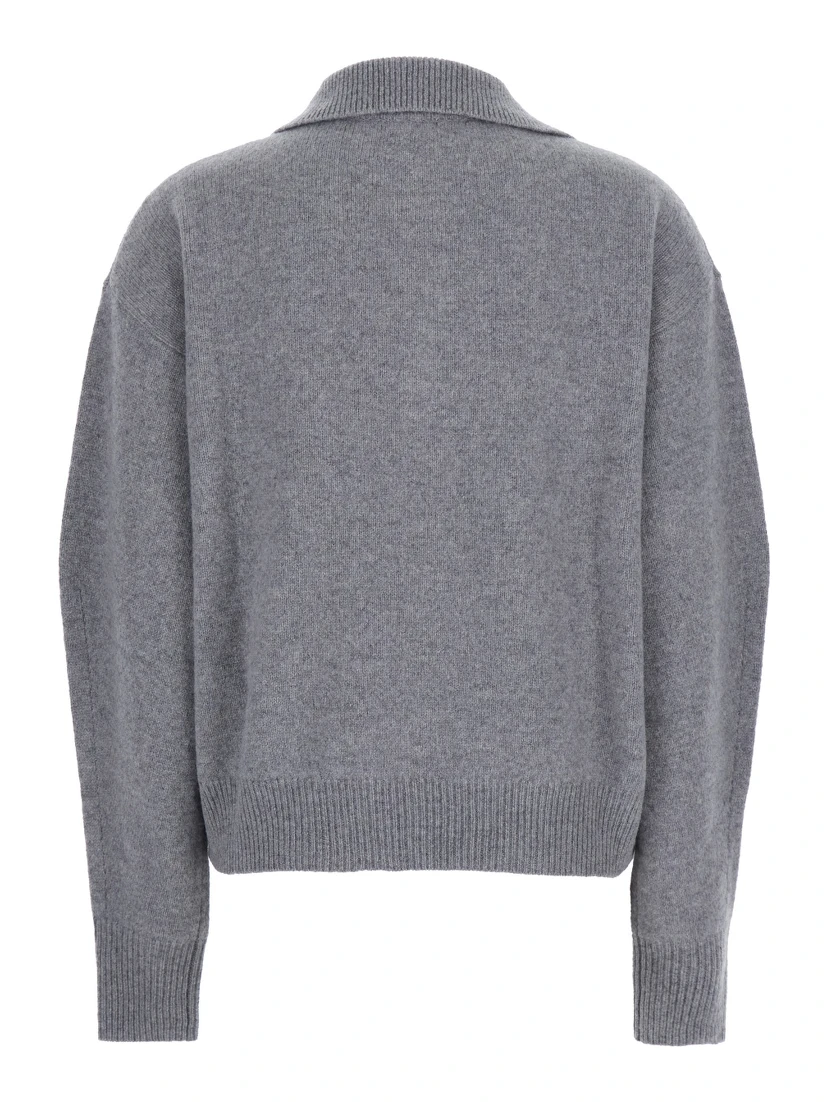 Grey Polo Shirt with Wide Collar and Dropped Shoulders in Wool and Cashmere Blend Woman