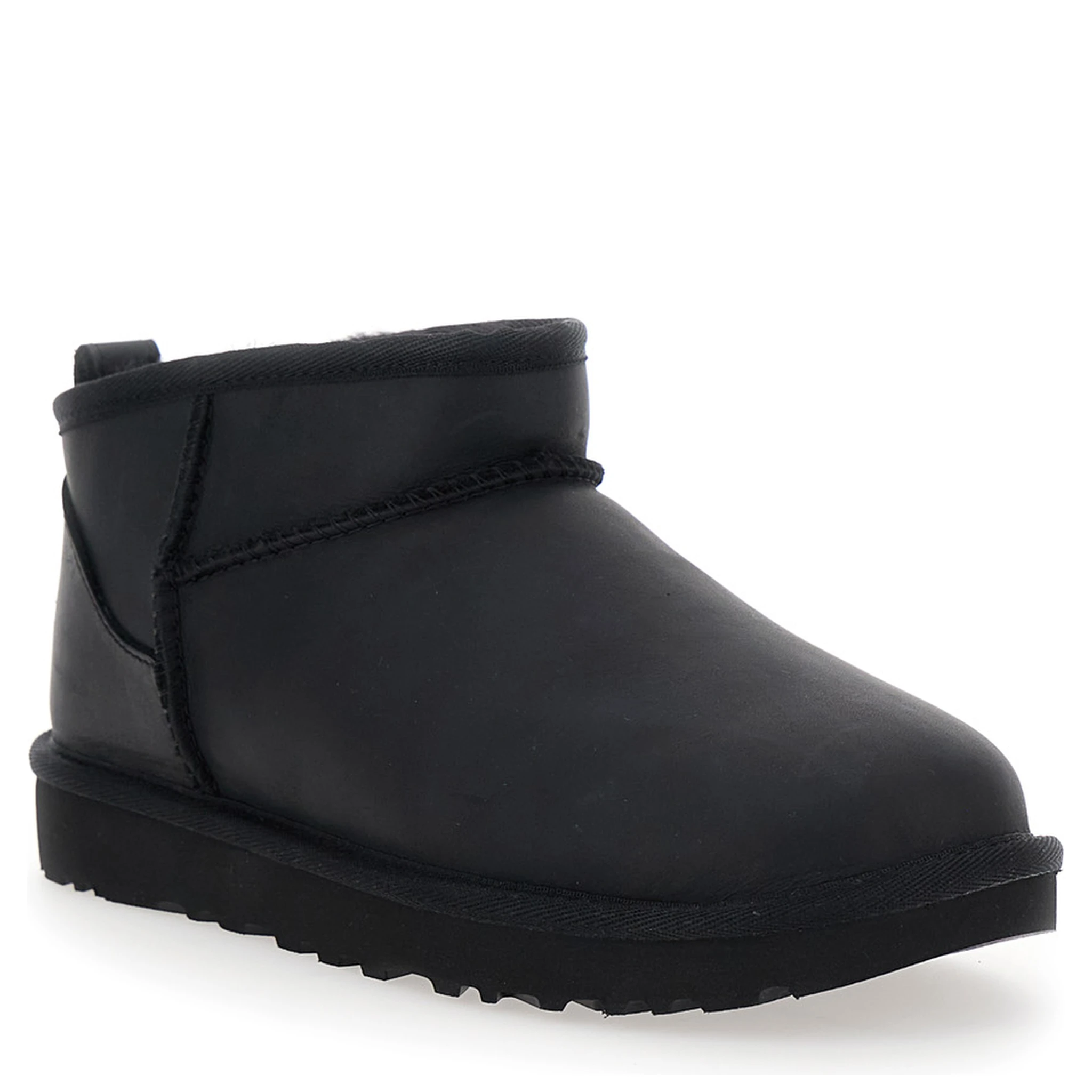 Classic Ultra Mini Black Ankle Boots with Shearling Lining in Leather Woman