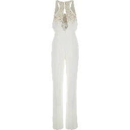 White Jumpsuit with Front Neckline and Rhinestone Application in Fabric Woman