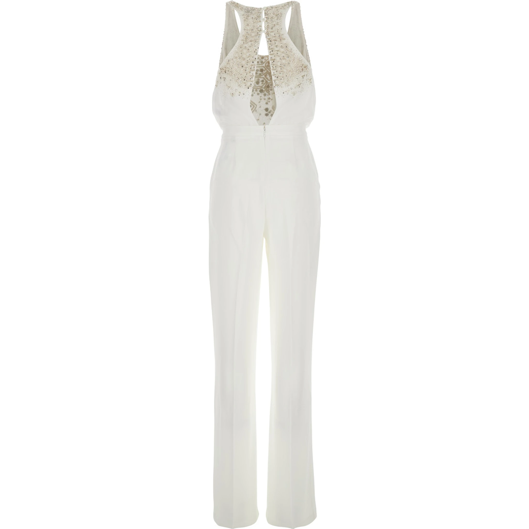 White Jumpsuit with Front Neckline and Rhinestone Application in Fabric Woman