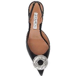 Crystal Hoop Black Slingback Pumps with Rhinestoned Embellishment and Kitten Heel in Tech Fabric Woman