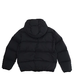 Black Down Jacket with Fixed Hood and Logo Patch on the Sleeve in Tech Fabric Boy