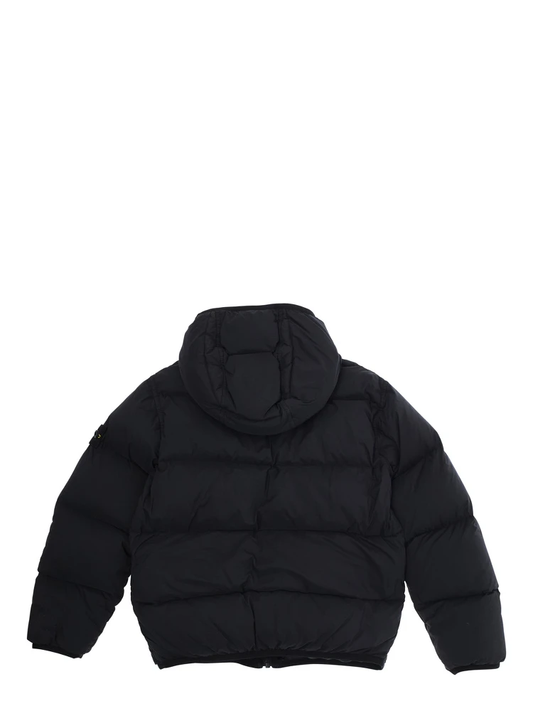 Black Down Jacket with Fixed Hood and Logo Patch on the Sleeve in Tech Fabric Boy alternative
