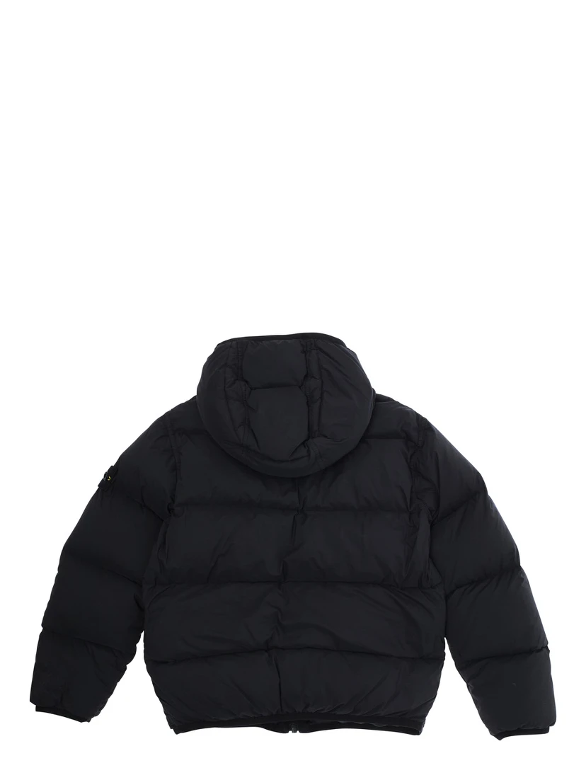 Black Down Jacket with Fixed Hood and Logo Patch on the Sleeve in Tech Fabric Boy