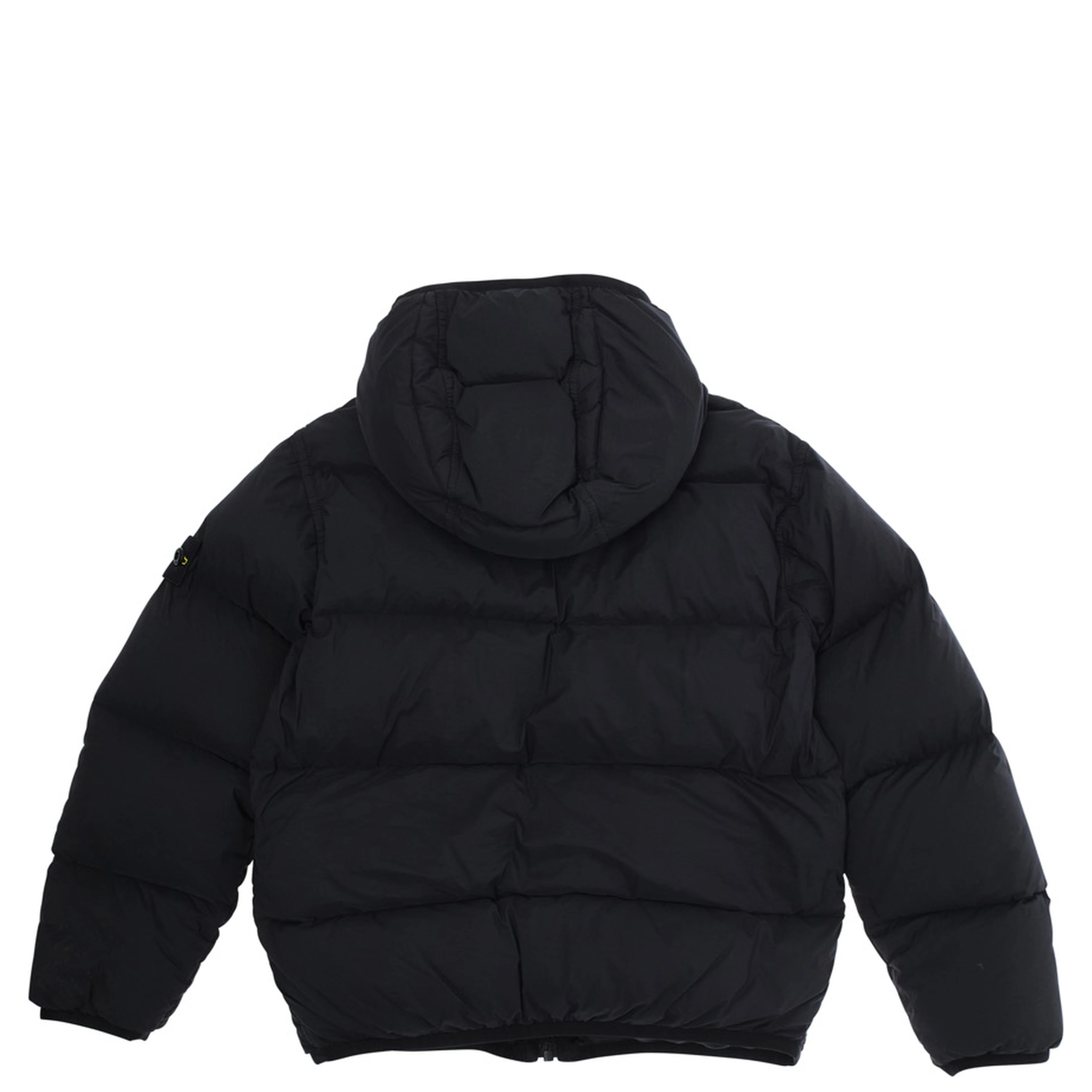 Black Down Jacket with Fixed Hood and Logo Patch on the Sleeve in Tech Fabric Boy