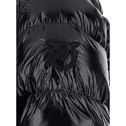 Eleodoro Black Down Jacket with Drawstring Hood and Love Birds Diamond Cut Patch on the Fornt in Tech Fabric Woman