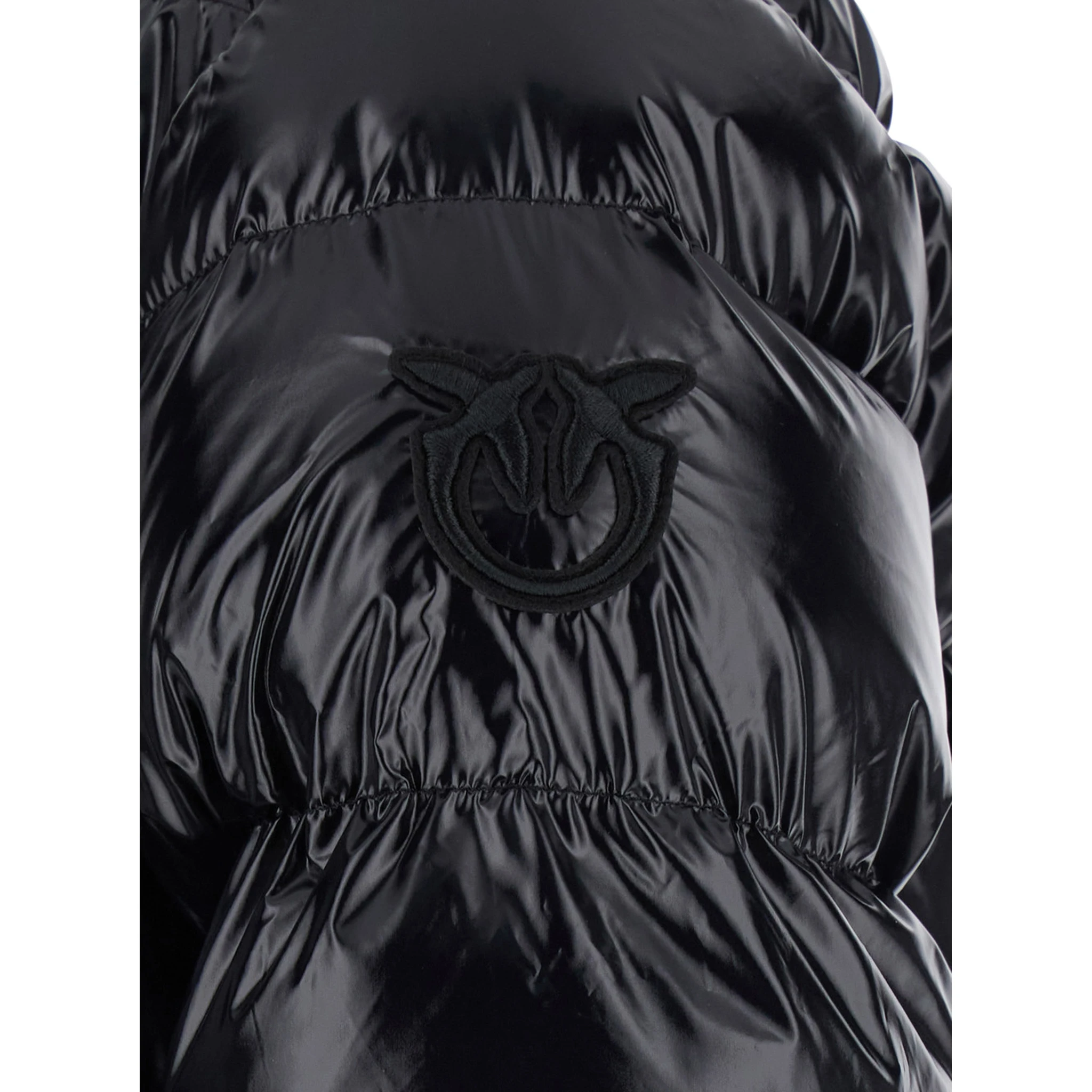 Eleodoro Black Down Jacket with Drawstring Hood and Love Birds Diamond Cut Patch on the Fornt in Tech Fabric Woman