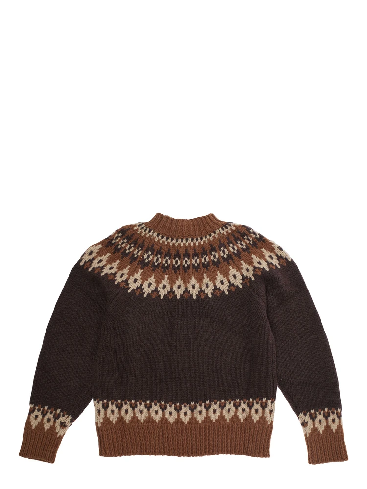 Brown Crew Neck Sweater with Geometric Motif in Wool Blend Boy alternative