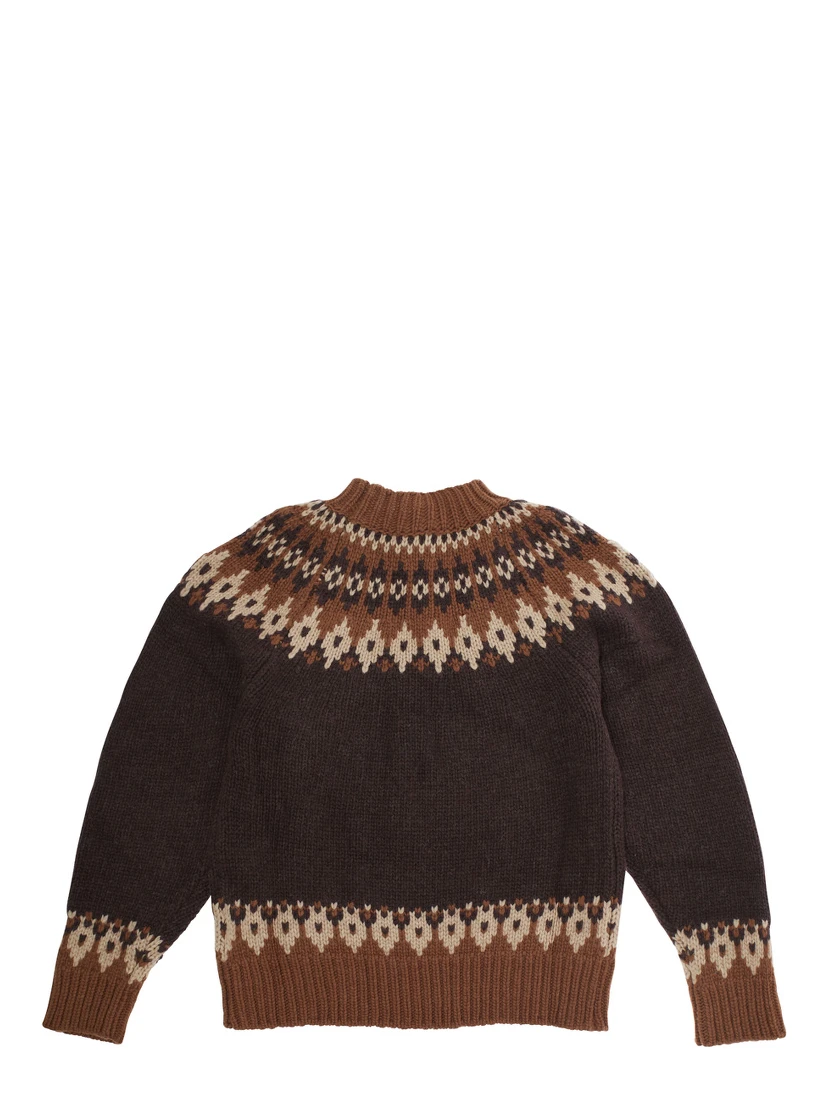 Brown Crew Neck Sweater with Geometric Motif in Wool Blend Boy