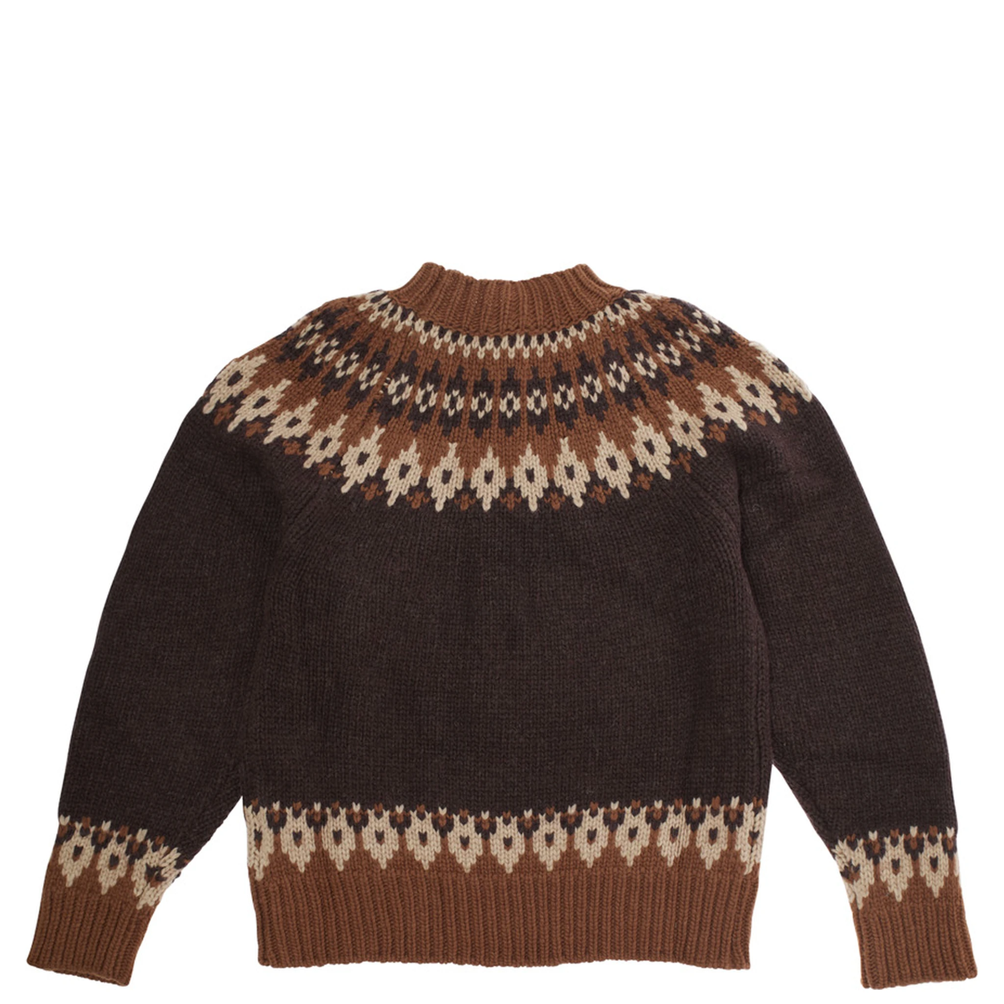 Brown Crew Neck Sweater with Geometric Motif in Wool Blend Boy
