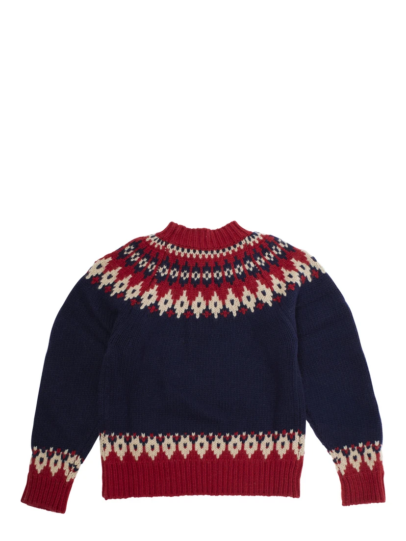 Multicolor Crew Neck Sweater with Geometric Motif in Wool Blend Boy