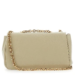 Heritage Beige Shoulder Bag with Chain-Link Shoulder Strap and Logo Plaque on the Front in Leather Woman