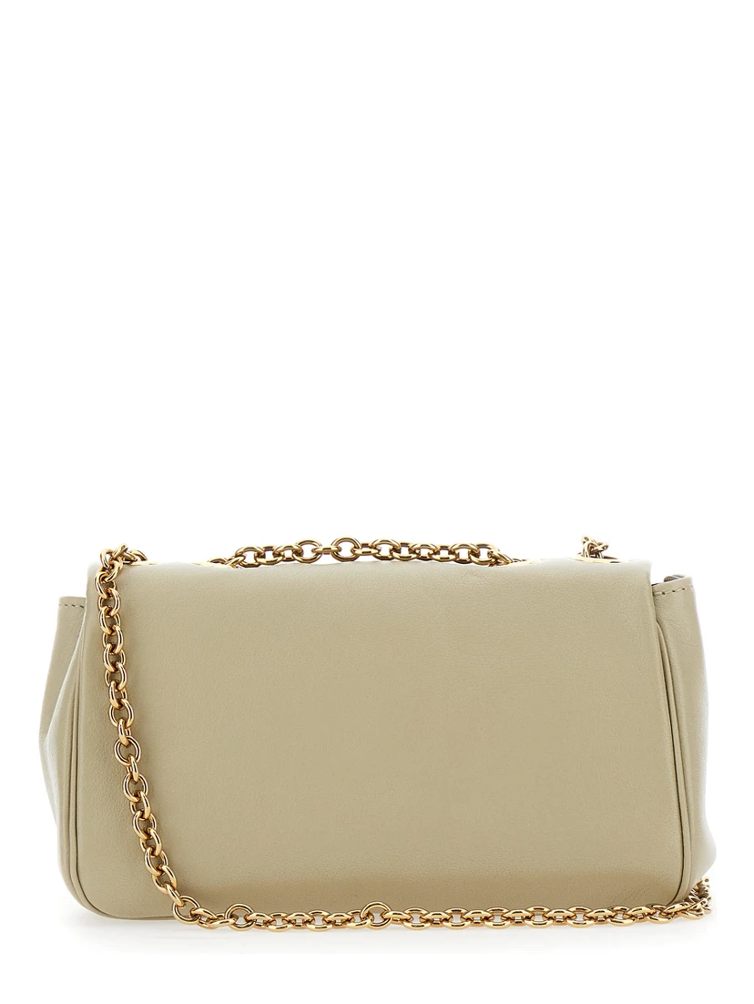 Heritage Beige Shoulder Bag with Chain-Link Shoulder Strap and Logo Plaque on the Front in Leather Woman