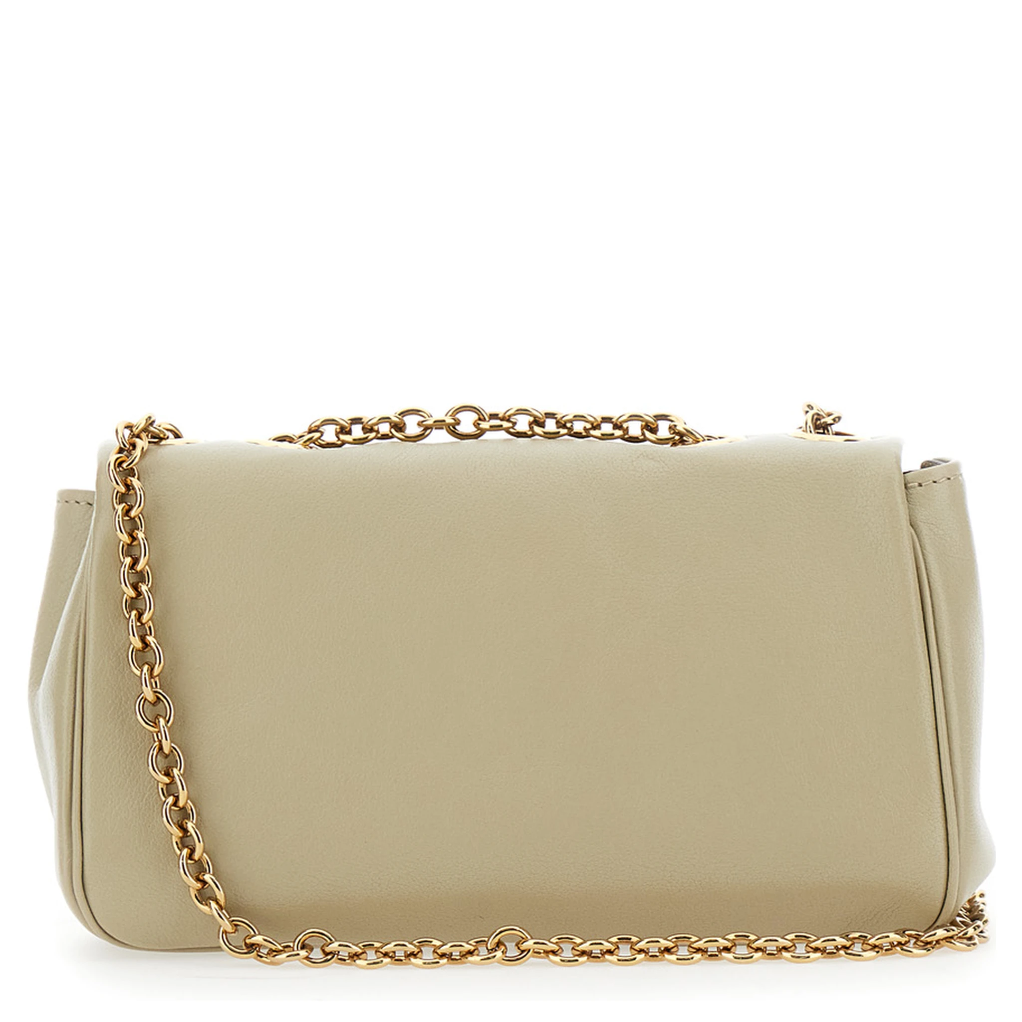 Heritage Beige Shoulder Bag with Chain-Link Shoulder Strap and Logo Plaque on the Front in Leather Woman