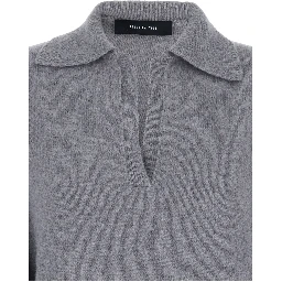 Grey Polo Shirt with Wide Collar and Dropped Shoulders in Wool and Cashmere Blend Woman