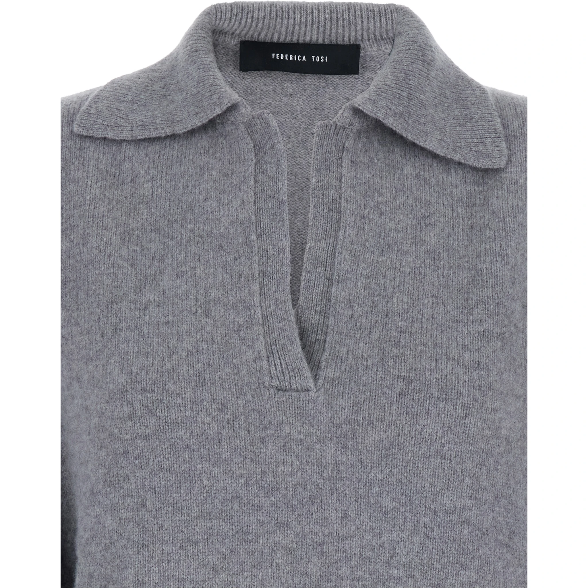Grey Polo Shirt with Wide Collar and Dropped Shoulders in Wool and Cashmere Blend Woman