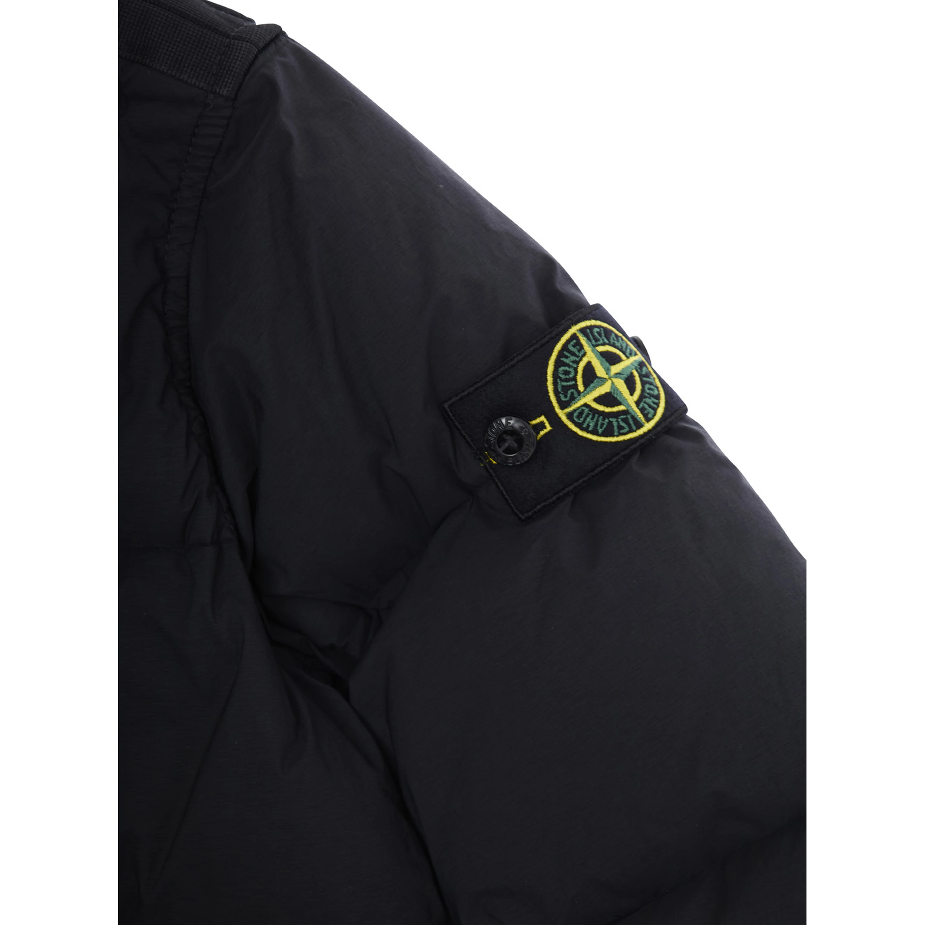 Black Down Jacket with Fixed Hood and Logo Patch on the Sleeve in Tech Fabric Boy