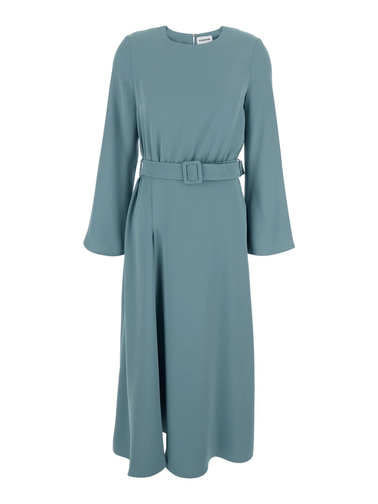 Blue Long Dresses with Round Neckline and Waistband in Cady Fabric Woman