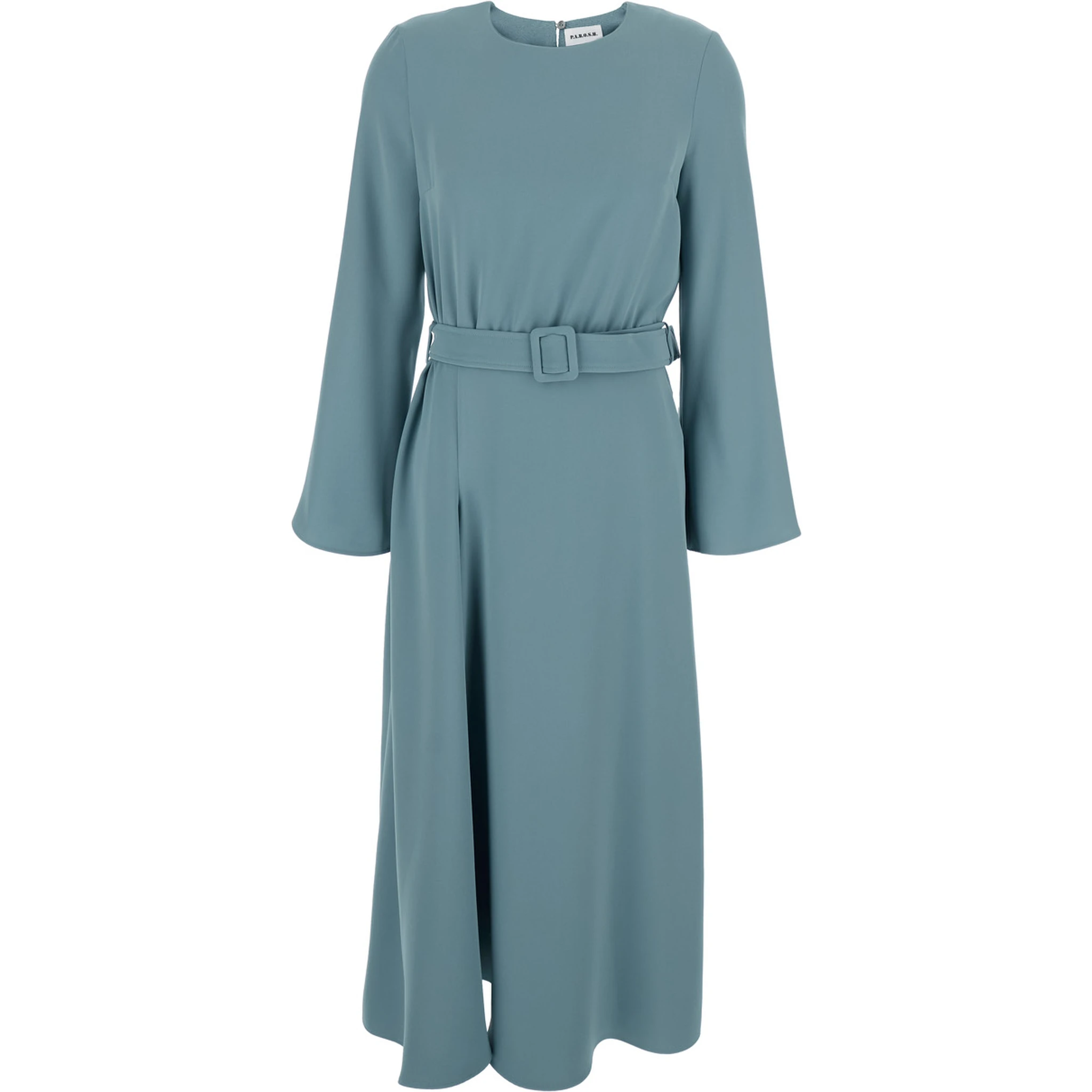 Blue Long Dresses with Round Neckline and Waistband in Cady Fabric Woman