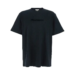 Black Crewneck T-Shirt with Logo Lettering Embroidery on the Front in Cotton Man