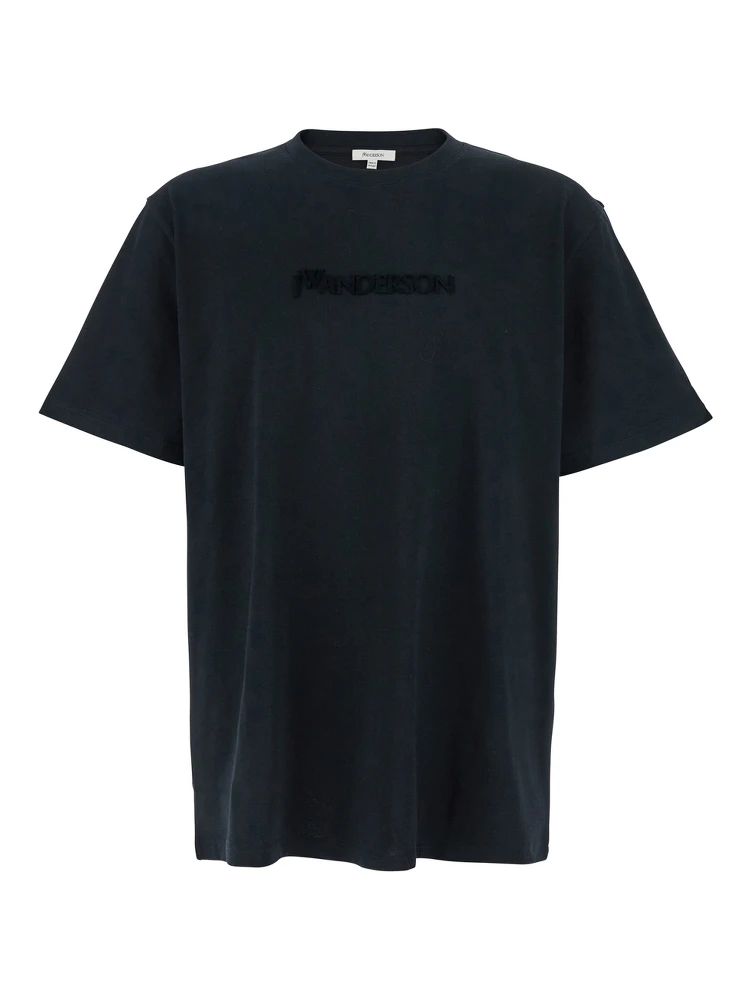 Black Crewneck T-Shirt with Logo Lettering Embroidery on the Front in Cotton Man
