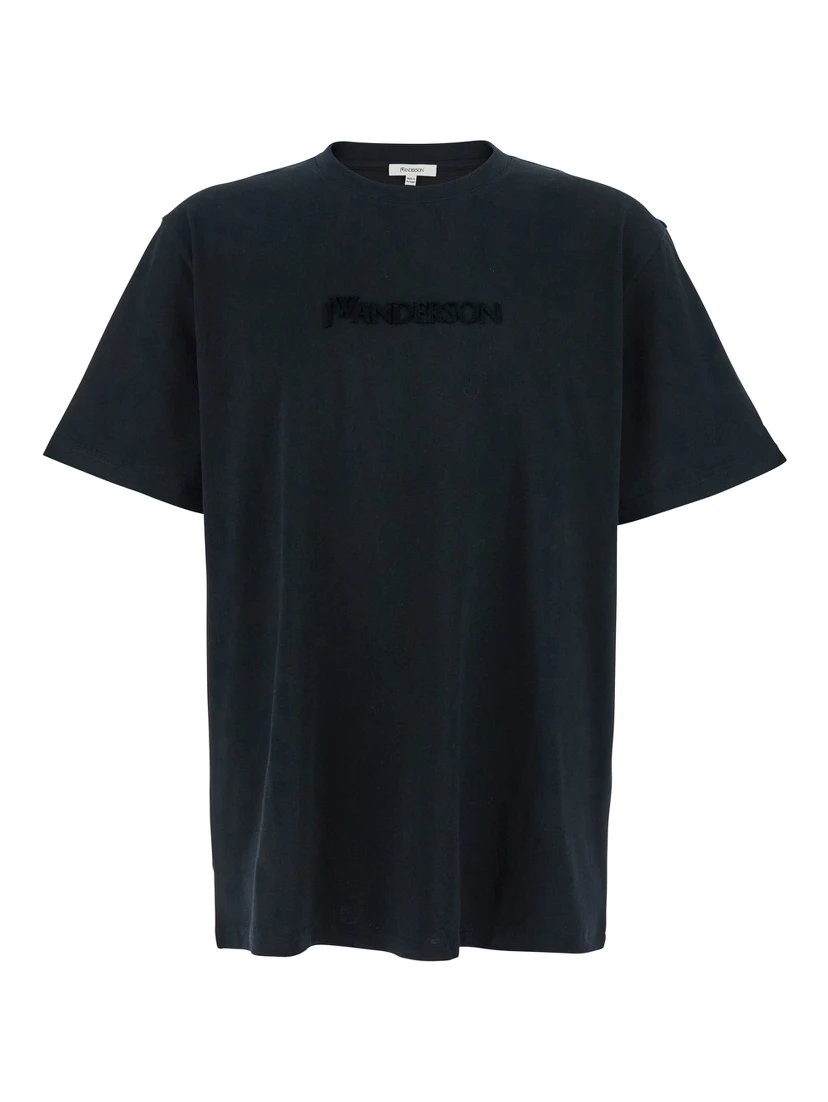 Black Crewneck T-Shirt with Logo Lettering Embroidery on the Front in Cotton Man