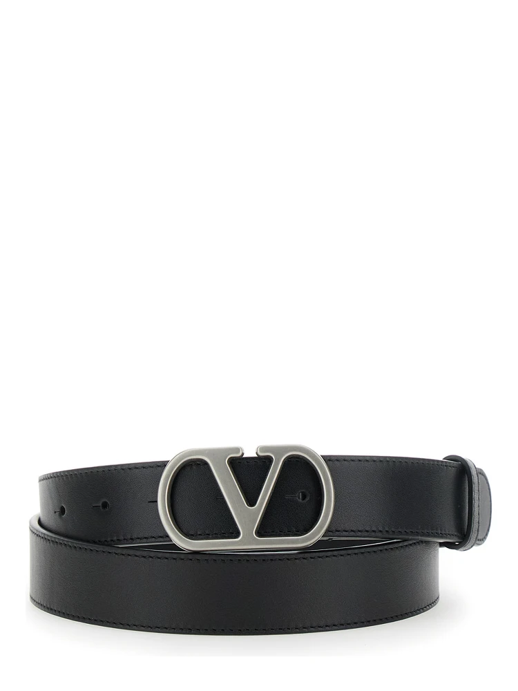 Black Belt with VLogo Metallic Buckle on the Front in Leather Man
