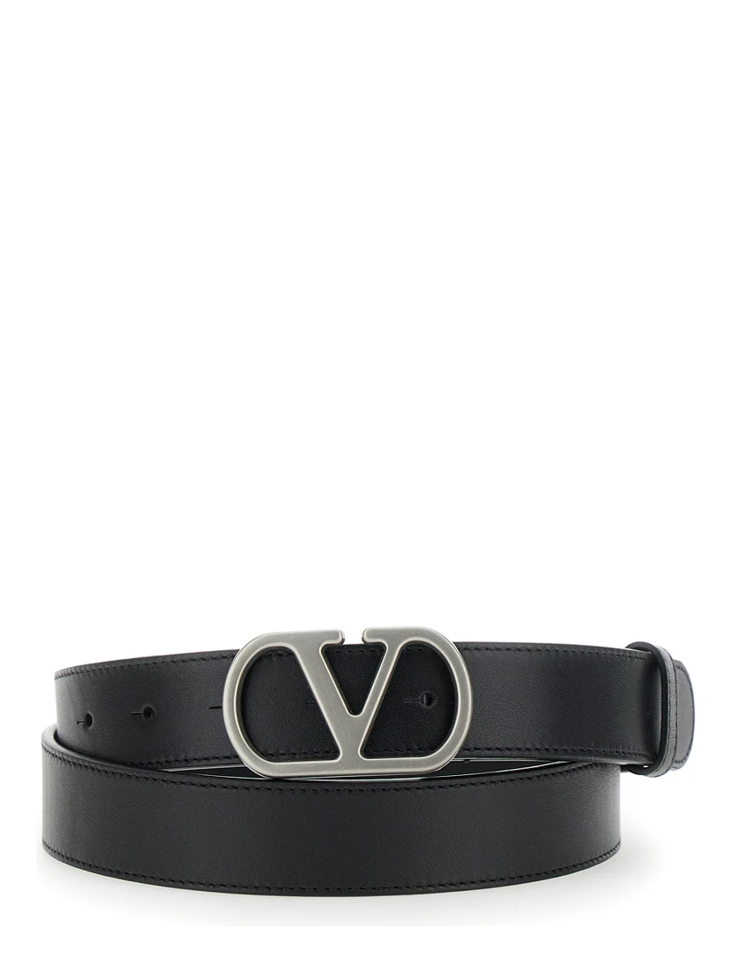 Black Belt with VLogo Metallic Buckle on the Front in Leather Man